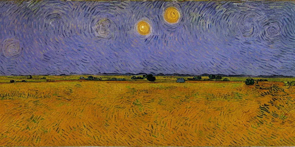 Prompt: a painting of an expansive african plain during a sunset by van gogh