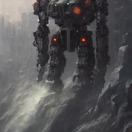 Prompt: a full length portrait of a giant autonomous polished steel battle mecha, a moody sci - fi painting by grosnez and juan pablo roldan, trending on artstation, highly detailed matte painting