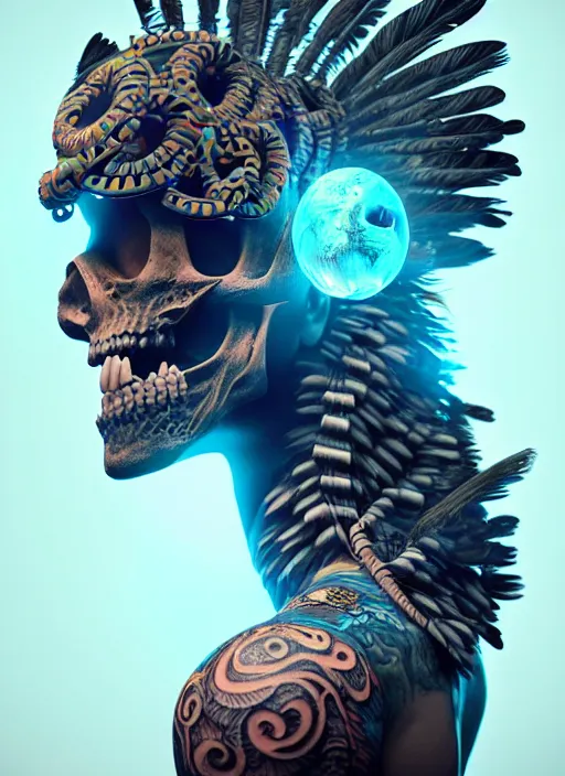 Image similar to 3 d shaman with tattoos profile portrait, sigma 5 0 0 mm f / 5. beautiful intricate highly detailed quetzalcoatl skull and feathers. bioluminescent, plasma, lava, ice, water, wind, creature, thunderstorm! artwork by tooth wu and wlop and beeple and greg rutkowski, 8 k trending on artstation,