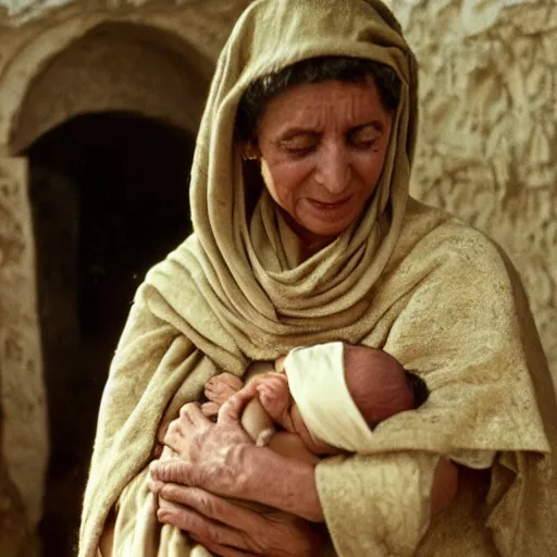 Prompt: film still of 80 year old sentimental Mediterranean skinned woman in ancient Canaanite clothing holding a newborn baby, crying, awe, love, ancient interior tent background, Biblical epic movie,