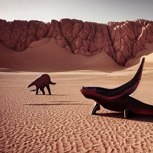 Prompt: 🐋🦖🐉 🤖 👽🐳 in desert, photography by bussiere rutkowski andreas roch