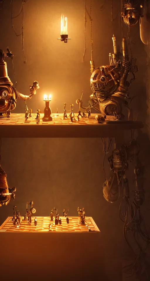 Prompt: a beautiful tapestry, a small robot playing 3 d chess, ultra detailed, subtle atmospheric lighting, shadows, night, steampunk, moody, candles, characters from machinarium, by don bluth, trending on artstation, octane render, 8 k, ultra realistic