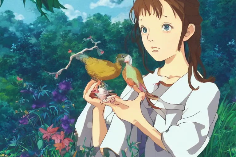 Image similar to young pretty girl holding a bird in her hands, looking touched, Fragile looking character portrait , beautiful scene; highly detailed art, by Studio Ghibli , High contrast, anime art