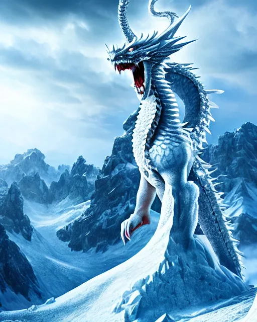 Image similar to giant ice dragon standing on a snowcapped mountain, highly detailed, 4 k, hdr, award - winning, directed by zack snyder