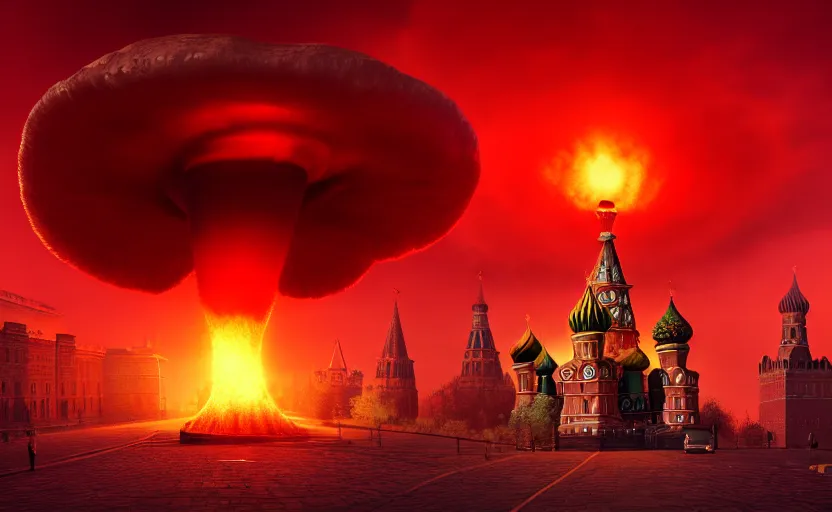 Image similar to nuclear explosion with realistic nuclear mushroom in Red Square Kremlin, beautiful dynamic lighting, cinematic shot, extremely high detail, photo realistic, cinematic lighting, post processed, artstation, matte painting, digital painting