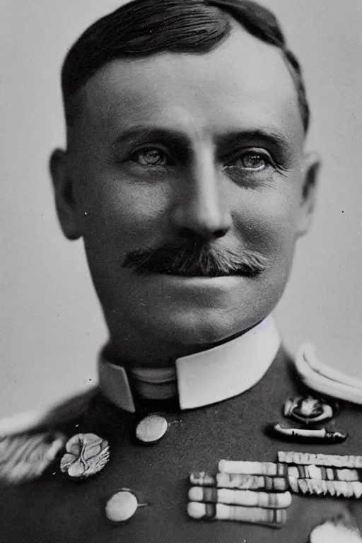 Image similar to official Portrait of a smiling WWI admiral, male, cheerful, happy, detailed face, 20th century, highly detailed, cinematic lighting, photograph, black and white