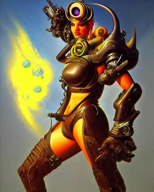 Image similar to junkray from overwatch, fantasy art, sci - fi art, radiant light, caustics, by boris vallejo