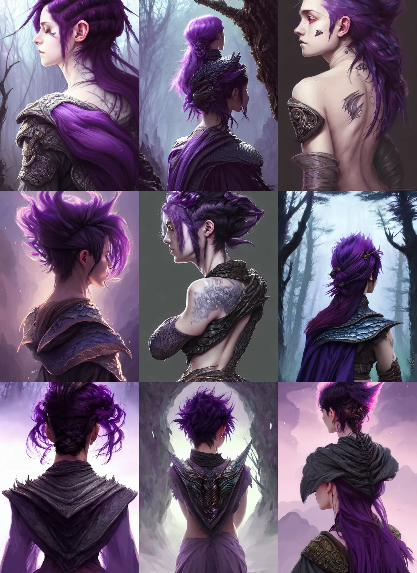 Image similar to back portrait rugged girl, adventurer outfit large cloak, fantasy forest landscape, dragon scales, fantasy magic, undercut hairstyle, short purple black fade hair, dark light night, intricate, elegant, sharp focus, illustration, highly detailed, digital painting, concept art, matte, art by wlop and artgerm and greg rutkowski and alphonse mucha, masterpiece