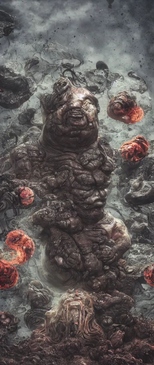 Image similar to baron harkonnen floats above a pool of the mods of stable diffusion immersed in black oil, screaming, as parts of the bodies melt into the oil like sludge, designed by moebius yasushi nirasawa, hdr, 8 k, bokeh, octane render, mist, sanitarium hrgiger background