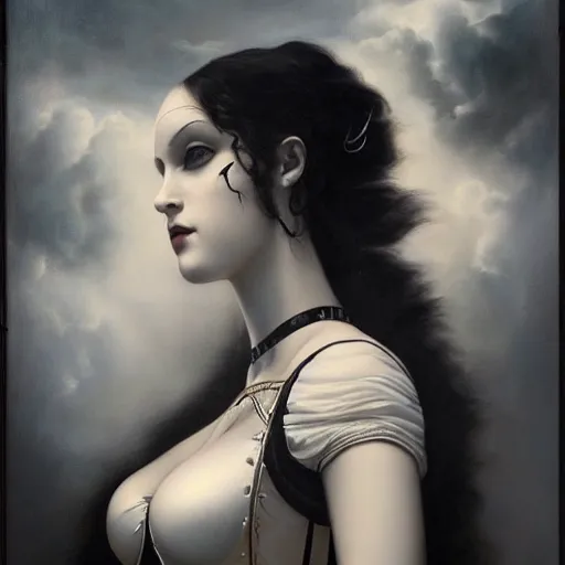 Image similar to By Tom Bagshaw, ultra realist soft painting of a curiosity carnival by night, very beautiful horn female gothic wearing corset, partial symmetry features, very intricate details, omnious sky, black and white, volumetric light clouds