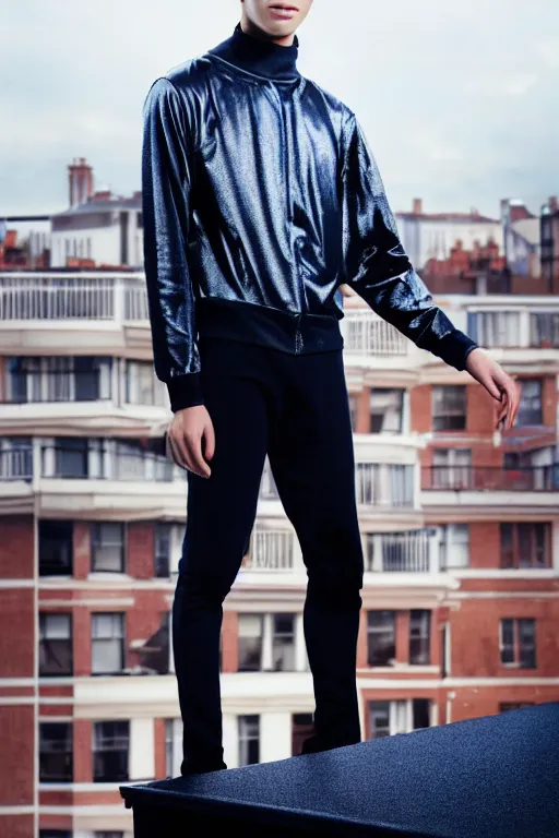 Image similar to un ultra high definition studio quality photographic art portrait of a young man standing on the rooftop of a british apartment building wearing soft padded silver pearlescent clothing. three point light. extremely detailed. golden ratio, ray tracing, volumetric light, shallow depth of field. set dressed.