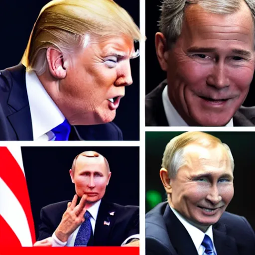 Image similar to putin, trump, obama and bush are having a laser sword fight and smiling