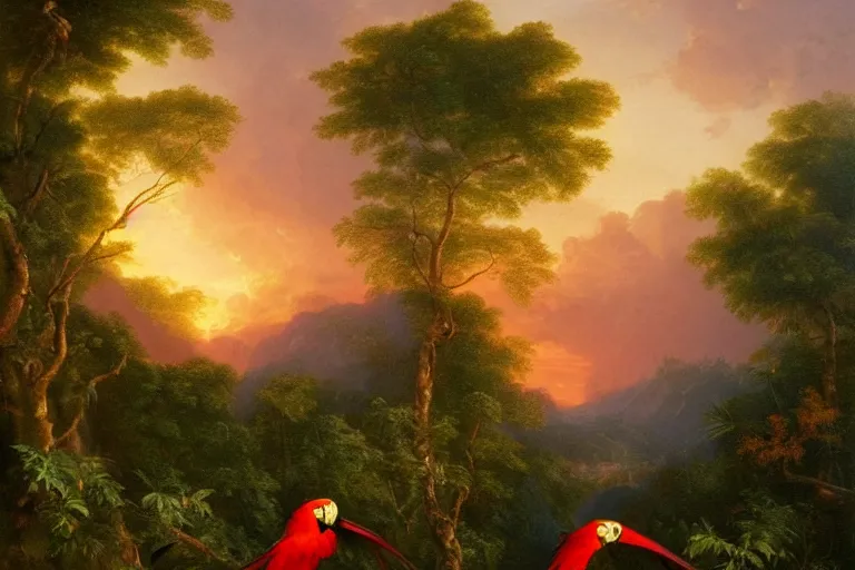 Image similar to gorgeous scarlet macaws flying at sunset in the distance through the forest, jungle mountains in the background, highly detailed, heavenly lighting, trending on art station, very detailed birds, painting by thomas cole