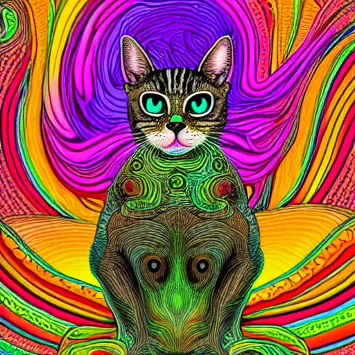 Prompt: psychedelic creative imaginative detailed digital painting of a cat growing entirely out of a fungus