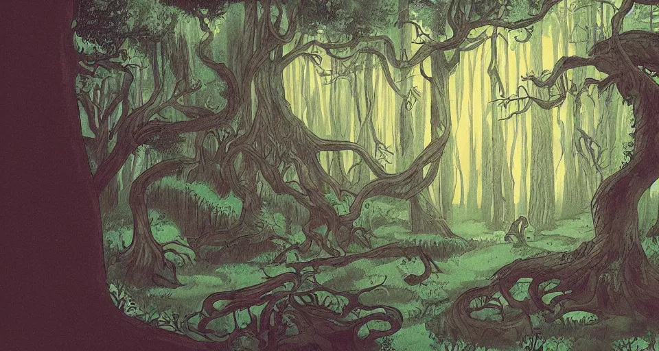 Image similar to A dense and dark enchanted forest with a swamp, by Studio Ghibli