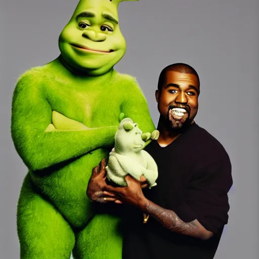 Image similar to kanye west smiling holding shrek for a 1 9 9 0 s sitcom tv show, studio photograph, portrait c 1 2. 0