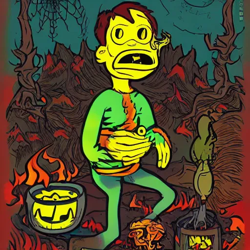 Prompt: spooky boy lit by campfire, illustration in the style of Jamie Hewlett, bold colors, highly detailed