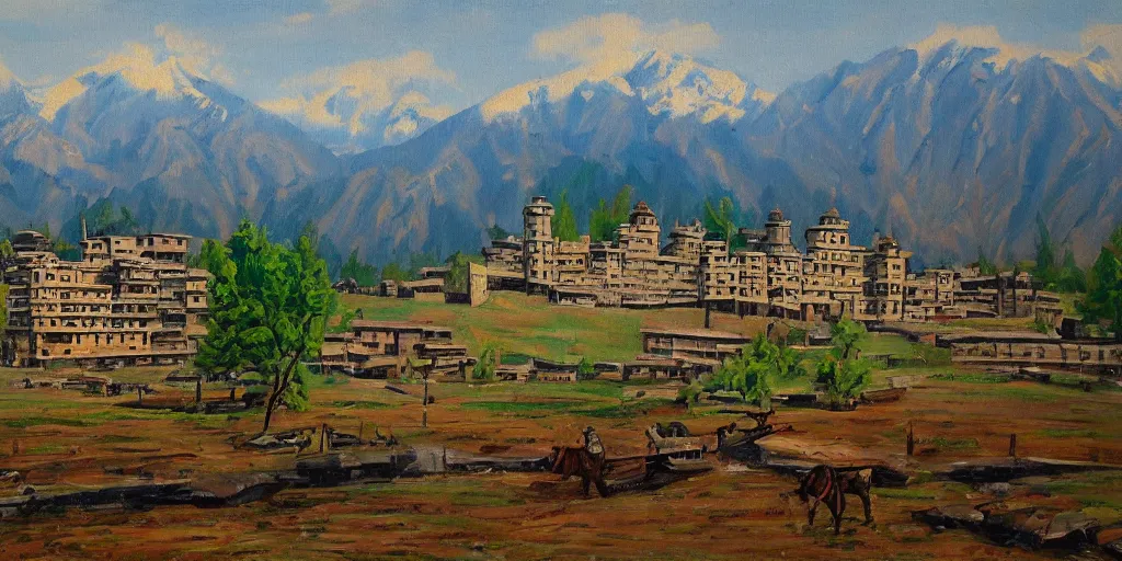 Prompt: oil painting portrait of srinagar in Kashmir valley in the style of Fredrick Remington