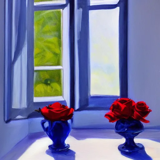 Image similar to A painting of a windowsill with two vases, one containing a red rose and the other containing a blue violet. The natural light from the window would be shining in on the scene. Trending on artstation