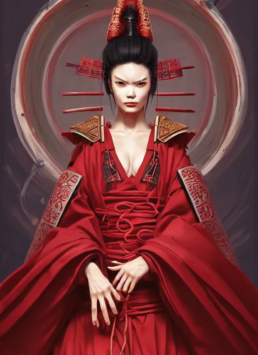 Prompt: portrait of a deadly samurai queen in blood red robes, hyperborea lemuria, legendary, pixar doll decollete deep focus, d & d, fantasy, intricate, elegant, highly detailed, digital painting, artstation, concept art, matte, sharp focus, illustration, hearthstone, art by rhads by artgerm and greg rutkowski and alphonse mucha