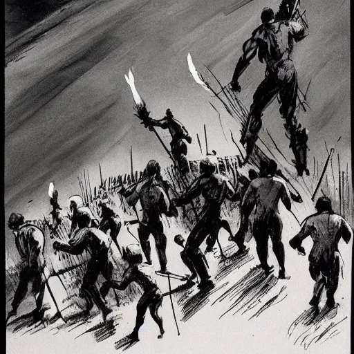 Prompt: mob of torch welding villagers walking up a hill at night. Artwork by Frank Frazetta