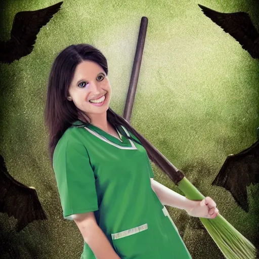 Prompt: a nurse with long brown hair and wearing green scrub nurse uniform riding on a broomstick like a witch