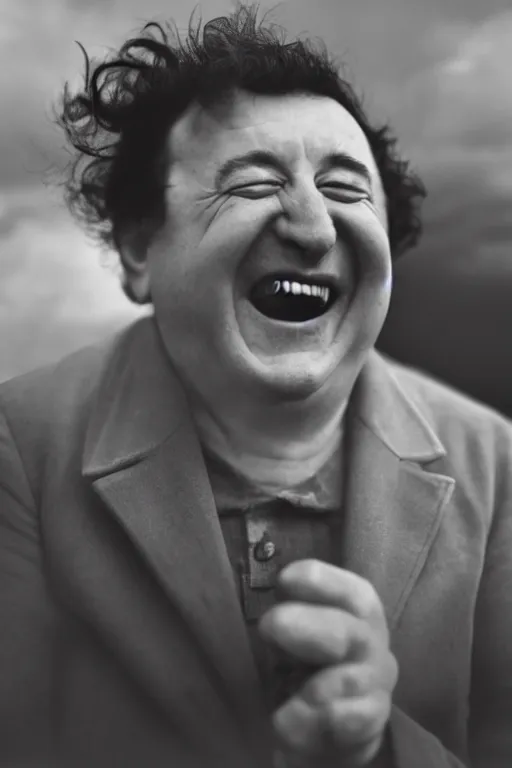 Image similar to close - up, photography of coluche laughing, photography of pierre desproges laughing, clouds everywhere