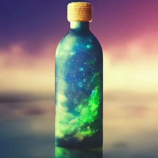 Image similar to bottle with liquid universe, minimalist background