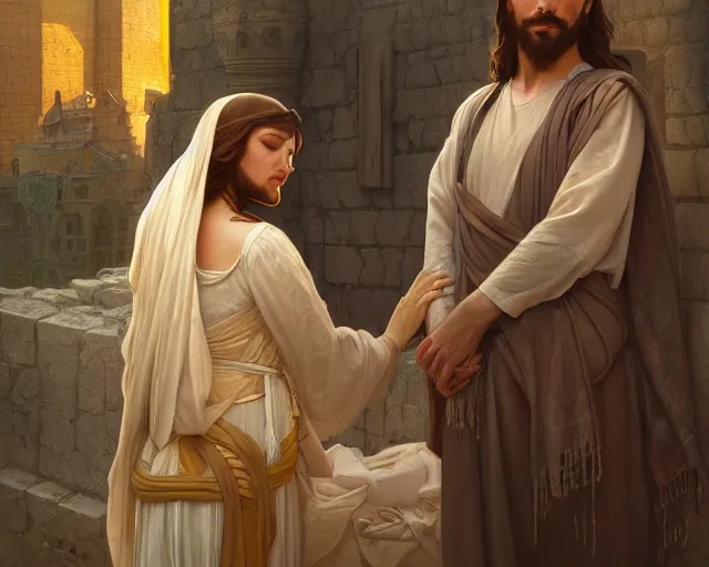 Prompt: photography of jesus coupling with a women in jerusalem, deep focus, intricate, elegant, highly detailed, digital painting, artstation, concept art, matte, sharp focus, illustration, art by artgerm and greg rutkowski and alphonse mucha