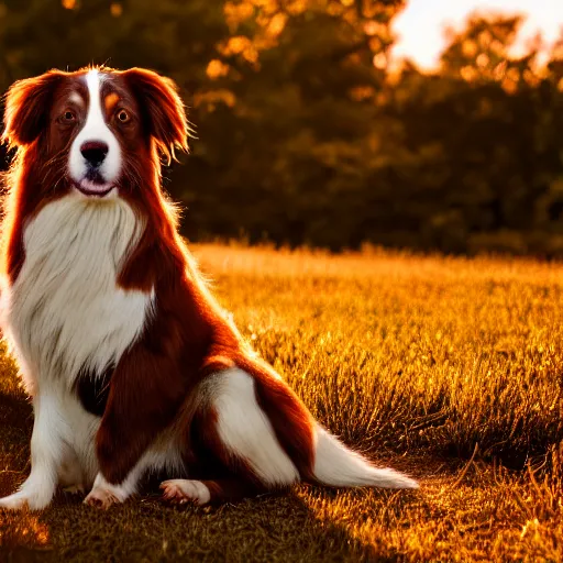 Image similar to red tri australian shepard. golden hour light photograph, hi gloss perfect lighting, 4 k, octane render, 5 0 mp cannon 8 0 mm.