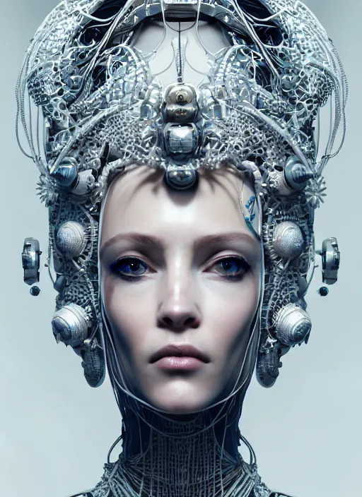 Image similar to portrait of an absurdly beautiful, graceful, sophisticated, fashionable cyberpunk mechanoid, hyperdetailed illustration by irakli nadar and alexandre ferra, intricate linework, white porcelain skin, faberge, fractal ivory headdress, unreal engine 5 highly rendered, global illumination, radiant light, detailed and intricate environment