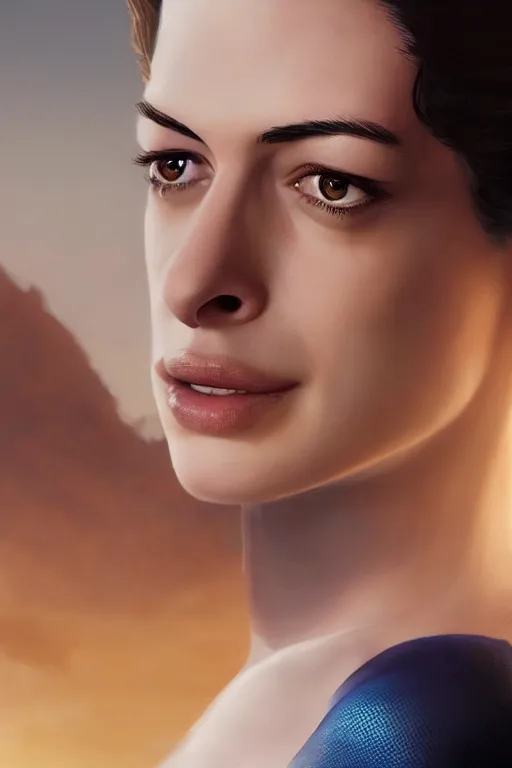 Image similar to a fancy close up of Man of Steel cast as Anne Hathaway by Greg Rutkowski, Sung Choi, Mitchell Mohrhauser, Maciej Kuciara, Johnson Ting, Maxim Verehin, Peter Konig, 8k photorealistic, cinematic lighting, HD, high details, dramatic, trending on artstation, full body shot