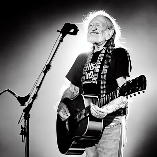 Prompt: willie nelson on stage, four fingers holding guitar. god rays through fog. black and white photo