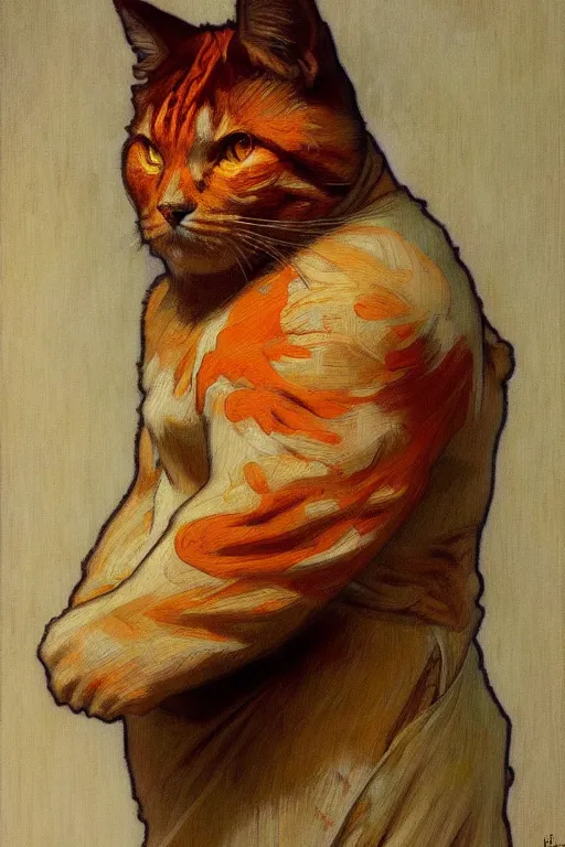 Image similar to painted portrait of rugged fat orange cat, masculine, powerful, handsome, upper body, white robe, fantasy, intricate, elegant, highly detailed, digital painting, artstation, concept art, smooth, sharp focus, illustration, art by gaston bussiere and alphonse mucha