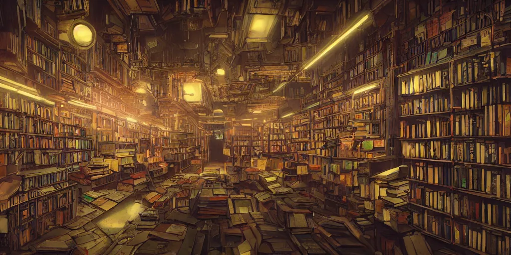 Image similar to cinematic shot of the interior of an old bookstore full of books, dystopian future, neon lights, sci - fi, night lights, haze, concept art, intricate, in the style of katsuhiro otomo, akira, unreal engine