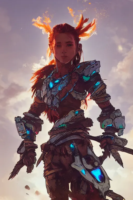 Image similar to combination suit armor aloy horizon forbidden west horizon zero dawn radiating a glowing aura global illumination ray tracing hdr fanart arstation by ian pesty and alena aenami artworks in 4 k tribal robot ninja mask helmet backpack