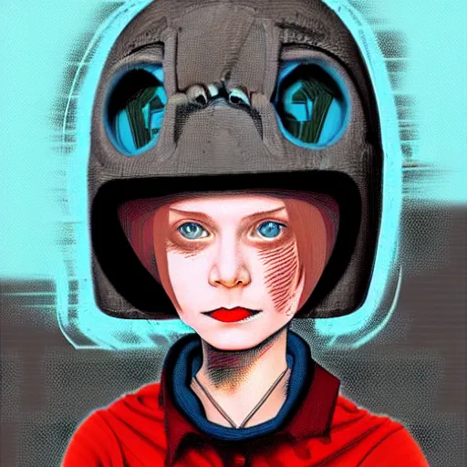 Image similar to portrait of girl wearing the sandman helmet, in the style of enki bilal and dave mckean