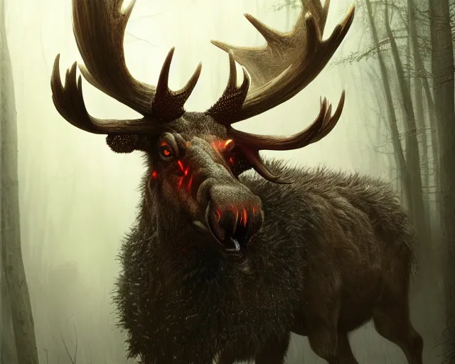 Image similar to 5 5 mm close up portrait photo of an armored demonic burning moose with red eyes and antlers and looking at the camera, in a magical forest. dark atmosphere. art by greg rutkowski and luis royo. highly detailed 8 k. intricate. lifelike. soft light. nikon d 8 5 0.