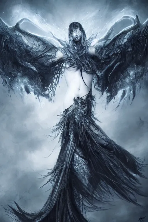 Image similar to character design, wraith rising from ember ashes, tattered demonic wings, ultra detailed, digital art, 8k ,character ,realistic, portrait, hyperrealistic