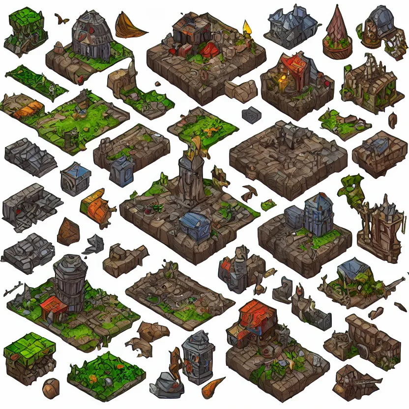 Image similar to set of isometric game tiles, containing a wizard's tower, enemies'hideouts and several resources, colored lineart from resource gathering game