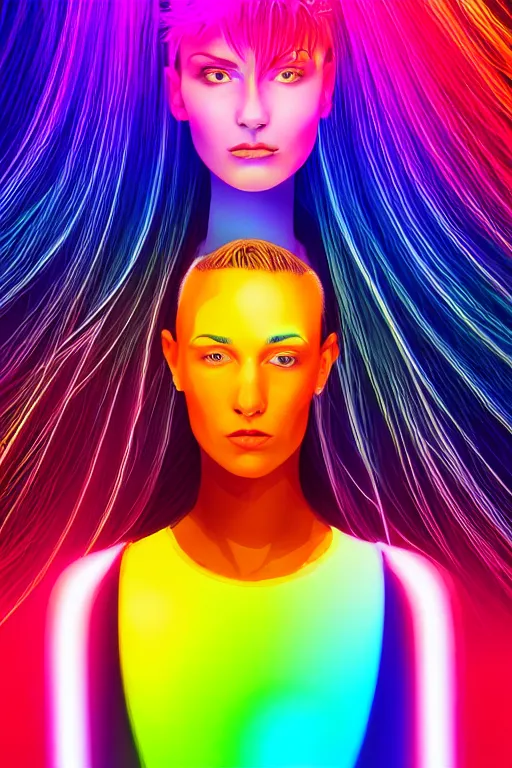 Image similar to a award winning half body portrait of a beautiful woman with stunning eyes in a croptop and cargo pants with rainbow colored ombre hairstyle head in motion and hair flying by thomas danthony, outlined by whirling illuminated neon lines, outrun, vaporware, shaded flat illustration, digital art, trending on artstation, highly detailed, fine detail, intricate