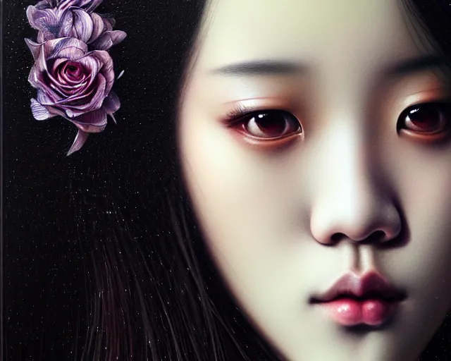 Image similar to jisoo from blackpink, portrait, tarot card, hyperrealistic, highly detailed, deep focus, intricate, elegant, digital painting, smooth, sharp focus, illustration, ultra realistic, 8 k, art by karol bak and agnes cecile