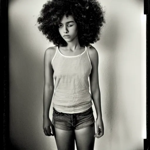 Image similar to polaroid picture, beautiful light - skinned teenage girl, symmetrical face, curly hair, afro, full shot, artistic, black and white, eerie, francesca woodman style