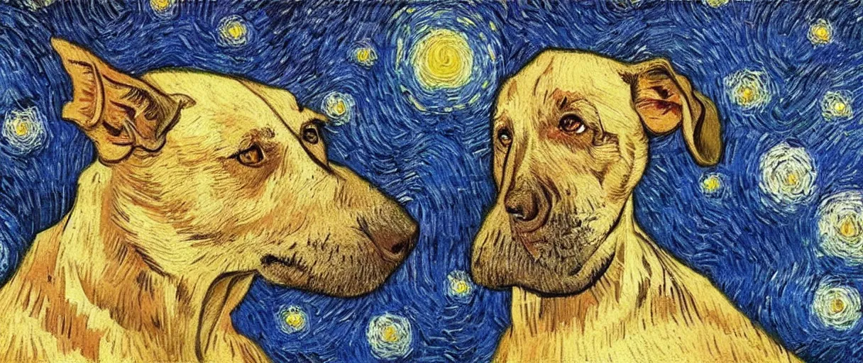 Prompt: studio portrait of a single wizened old dog in the style of the Starry Night; extremely detailed; oil painting by Vincent van Gogh