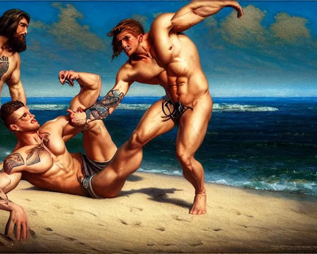 Image similar to handsome tattooed gym bro zeus and attractive tattooed gym bro apollo workout on the beach, epic painting by artgerm, gaston bussiere, craig mullins, j. c. leyendecker, tom of finland