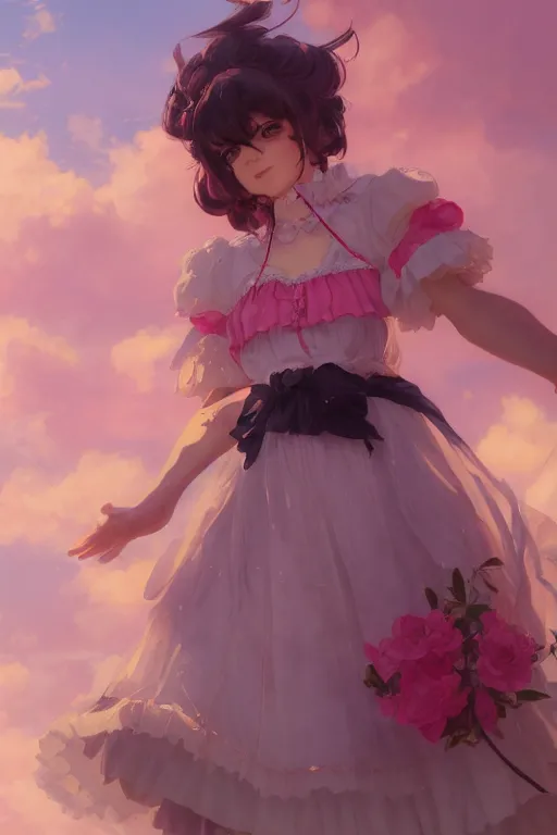 Image similar to a character design of little girl with black hair in a pink lolita dress, sky background by krenz cushart and mucha and akihito yoshida and greg rutkowski, detailed eyes, 4 k resolution