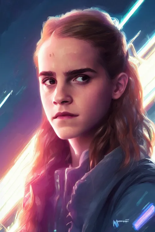 Image similar to portrait of cyborg Emma Watson as Hermione Granger in cyberpunk, neon lighting, night city, digital art from artstation by Ruan Jia and Mandy Jurgens and Artgerm and william-adolphe bouguereau and Greg Rutkowski and Wayne Barlowe