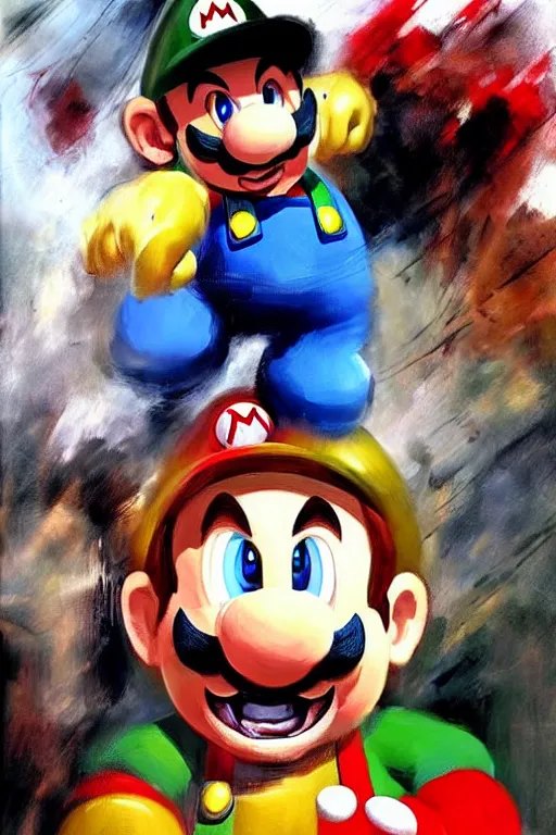 Image similar to abstract figurative rendition of super mario fighting bowser by'phil hale '!!! exaggerated lanky proportions, motion lines,'action lines '!!! graphic style, visible brush strokes, ( ( messy ) ) blurry