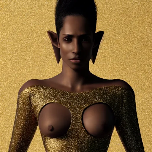 Prompt: Tall brown-skin elf woman, in elegant black and gold textured robes. Symmetrical facial features. Naturally proportioned body. 8k Intricate detail. Mid body shot. Mystical. Photorealism. Golden ratio. Octane rendering,