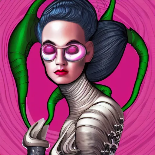 Prompt: highlights and highly detailed retro futuristic portrait of alien witch